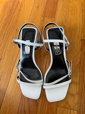 White Strappy Block Heel Sandal Silver Logo Hardware Size 36 / US 6